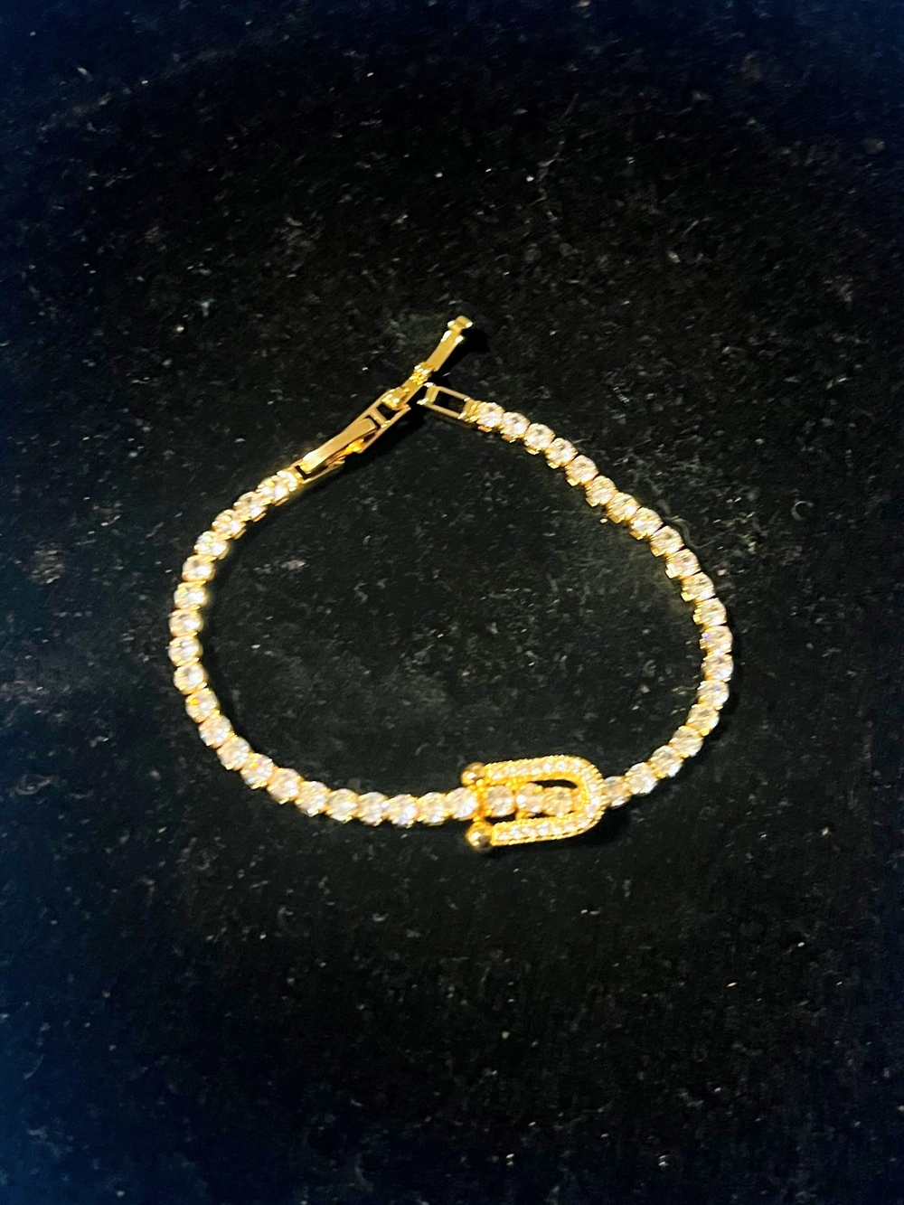 Gold Crystal Tennis Bracelet with Buckle Accent